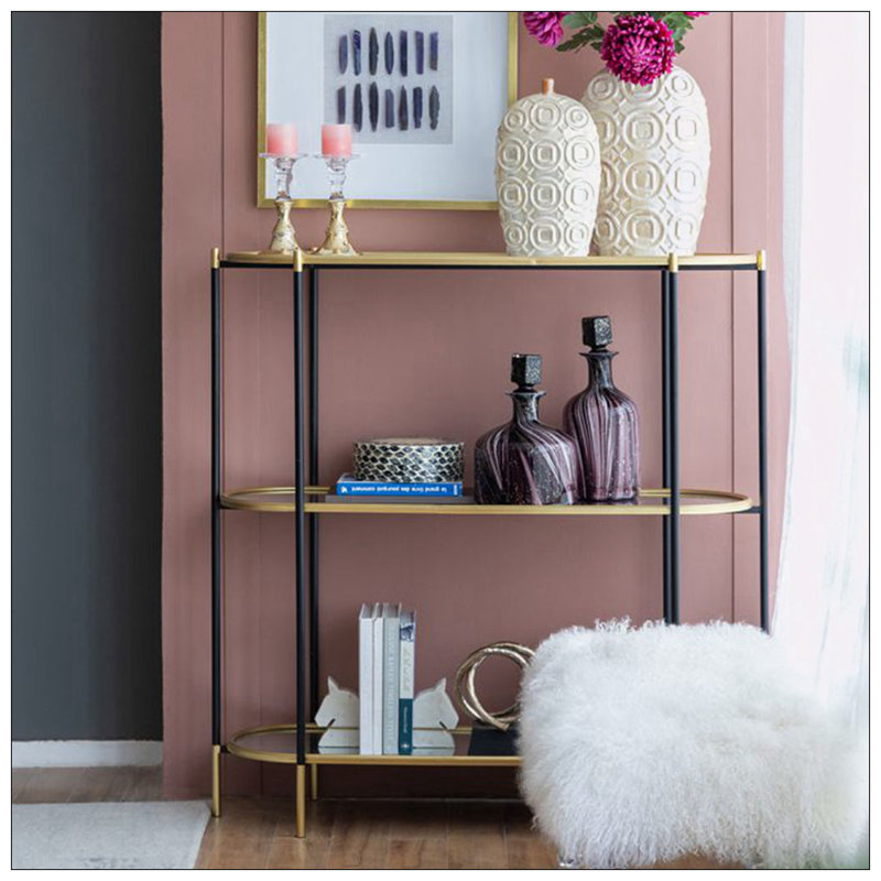 3 Tier Metal Console Table Black Gold Mirrored Shelf